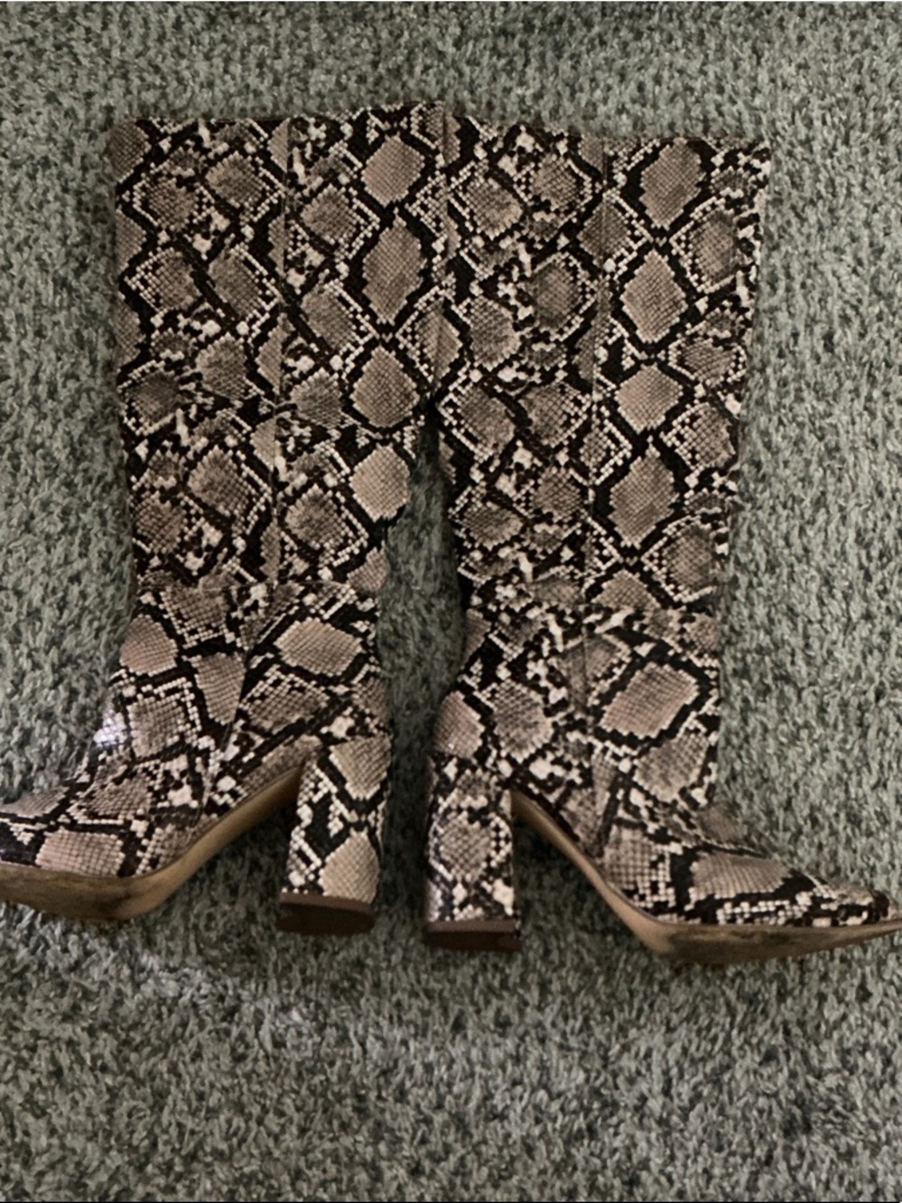 Lulu's Taupe and Black Snake-Print Mid-Calf Block Heel Boots